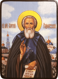 Икона Сергий Радонежский на голубом фоне