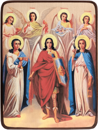 Икона Собор Архистратига Михаила на розовом фоне