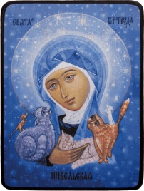 Икона Гертруда Нивельская, на синем фоне