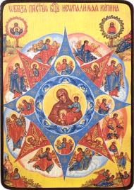 Икона Неопалимая купина Божией Матери на желтом фоне