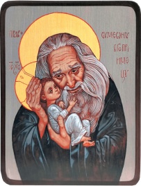 Икона Симеон Богоприимец на голубом фоне