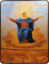 Икона Спорительница хлебов Божией Матери на голубом фоне