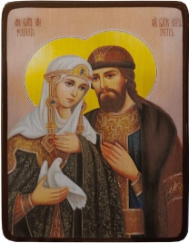 Икона Пётр и Феврония Муромские на розовом фоне