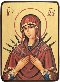 Икона Семистрельная Божией Матери на желтом фоне