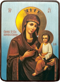 Икона Скоропослушница Божией Матери на синем фоне