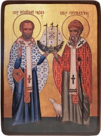 Икона Николай Мирликийский и Спиридон Тримифунтский с лодкой