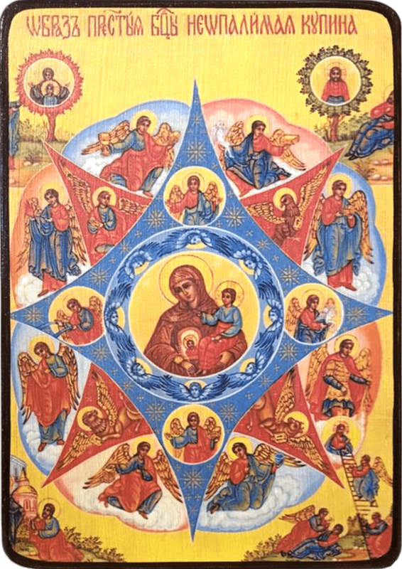 Икона Неопалимая купина Божией Матери на желтом фоне фото 1
