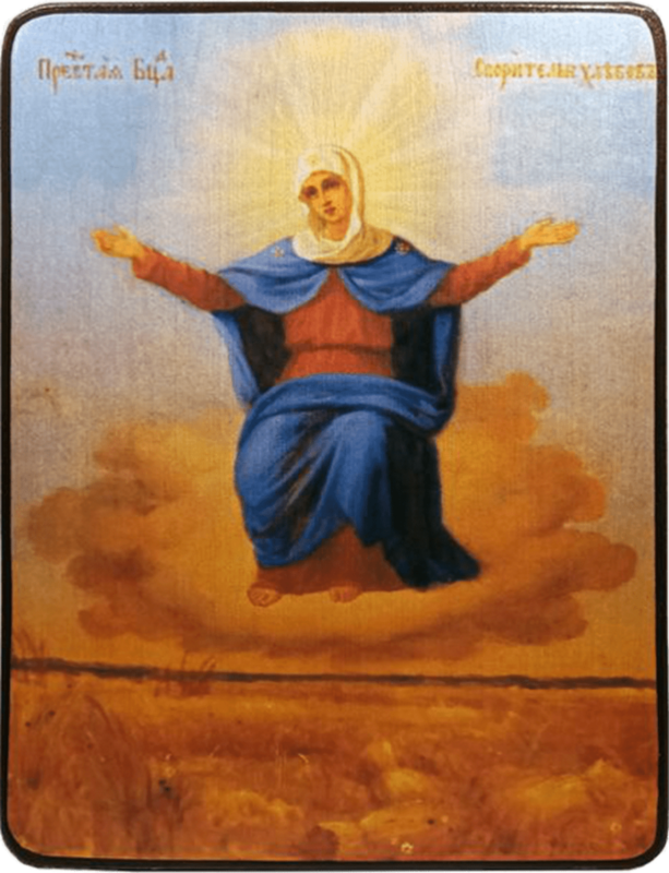 Икона Спорительница хлебов Божией Матери на голубом фоне фото 1