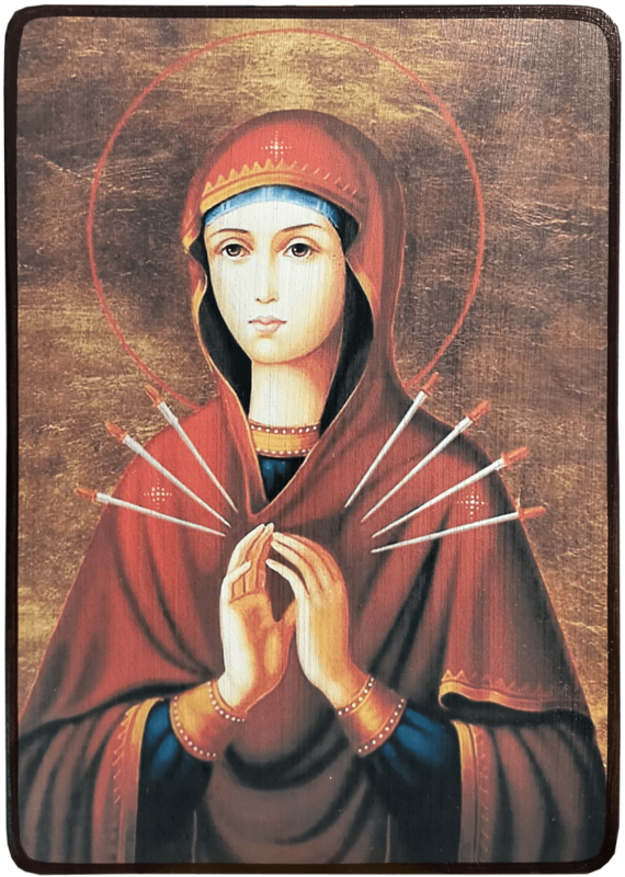 Икона Семистрельная Божией Матери на тёмном фоне фото 1