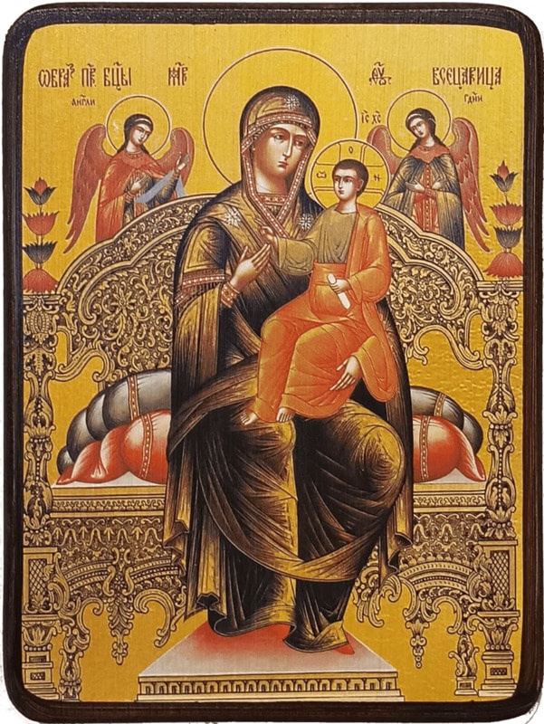 Икона Всецарица (Пантанасса) Божией Матери на жёлтом фоне фото 1