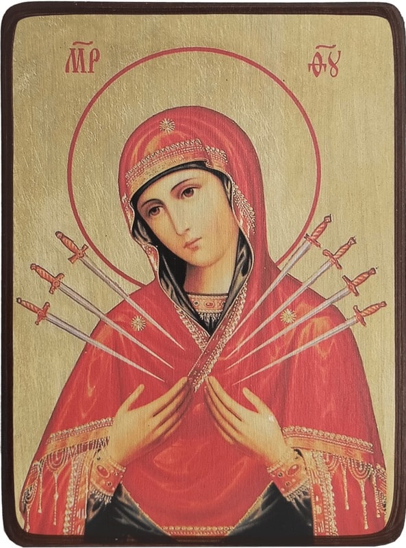 Икона Семистрельная Божией Матери на золотом фоне фото 1