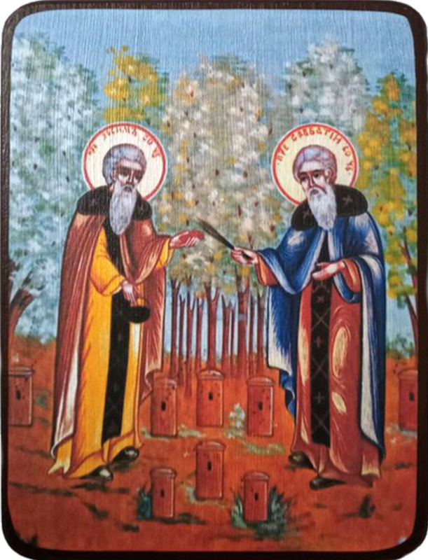 Икона Зосима и Савватий Соловецкие на голубом фоне фото 1